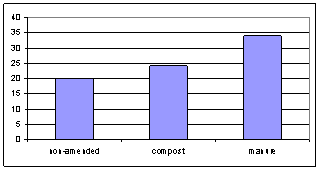 Figure 2. Leaf rust severity (% leaf area) on pasture grass. This graph shows the effect of amendment treatment on the development of rust on pasture grass in the ley system in 2004. The amendment treatments included non-amended, which only got cover crops; compost-amended plots; and plots that were amended with manure. Plots that had received manure treatments had an elevated level of rust that was significantly higher than the amount of rust seen in the compost treatment and the non-amended treatment. This probably has something to do with the nutritional status of the plant. Having elevated nitrogen levels allows the plant to be a little bit lusher and the pathogen is able to infect that plant more severely.